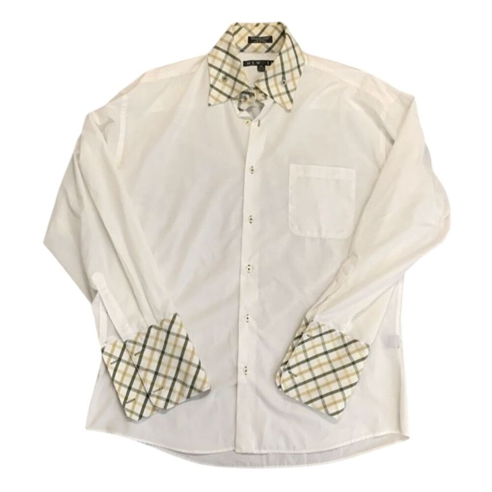 New Gen Unique Retro White Green Plaid Collar French Cuffs Dress Shirt 17-17.5